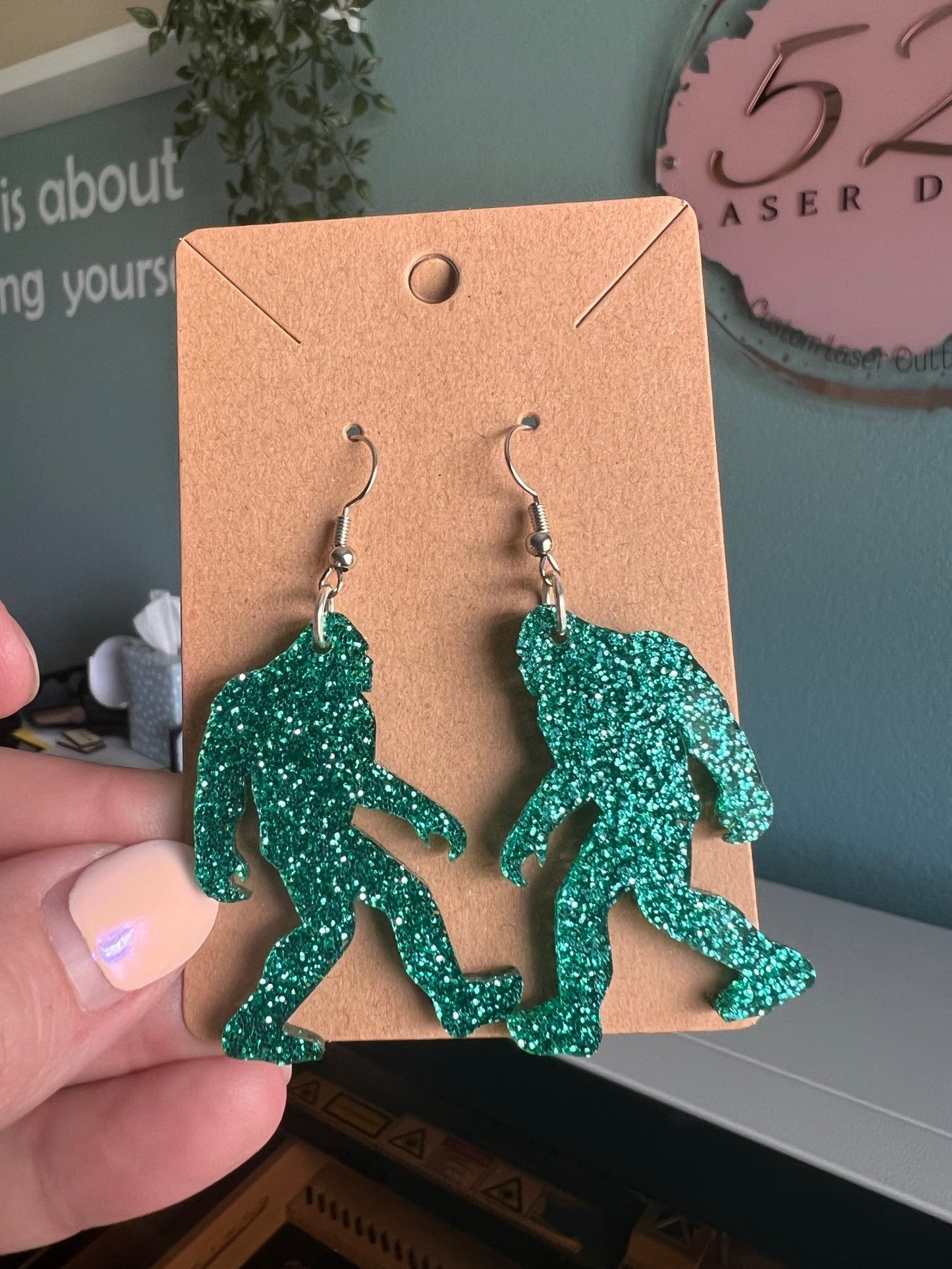 Acrylic Teal Glitter Yeti Dangle Earrings