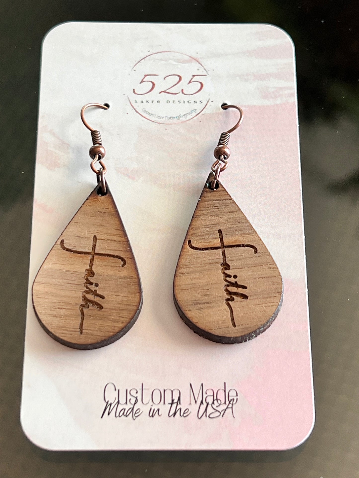 Walnut Faith Tear Drop Earrings